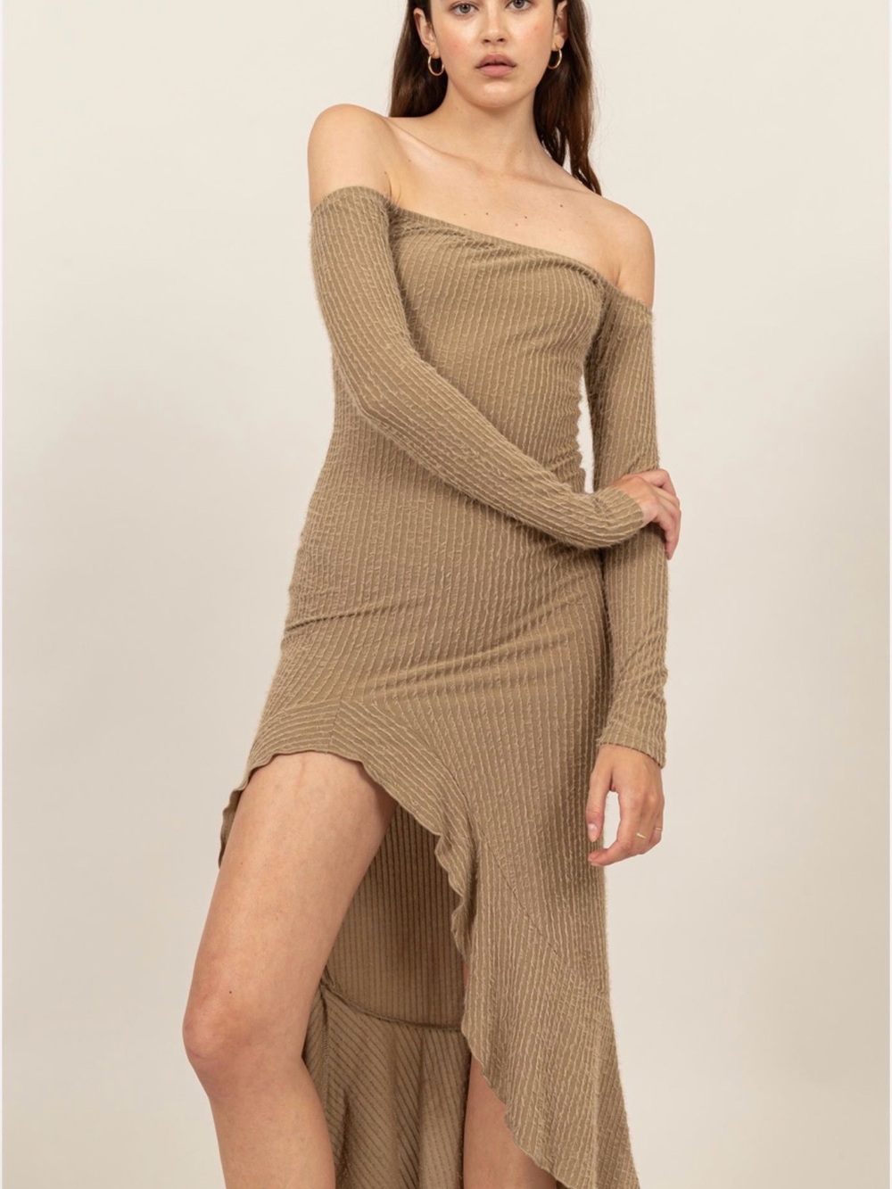 Western Style Off-Shoulder Ribbed Maxi Dress